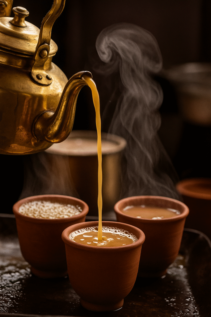 Steaming cup of Indian chai in traditional glass tumbler, cozy morning setting